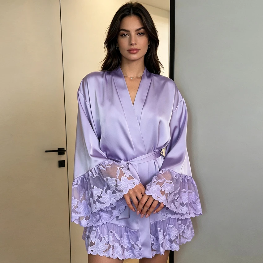 Purple Elegant Woven Inelastic Women'S Nightgown Lace Long Flare Sleeve Collar Short Robe Satin Reflective Lace-Up Nightgowns
