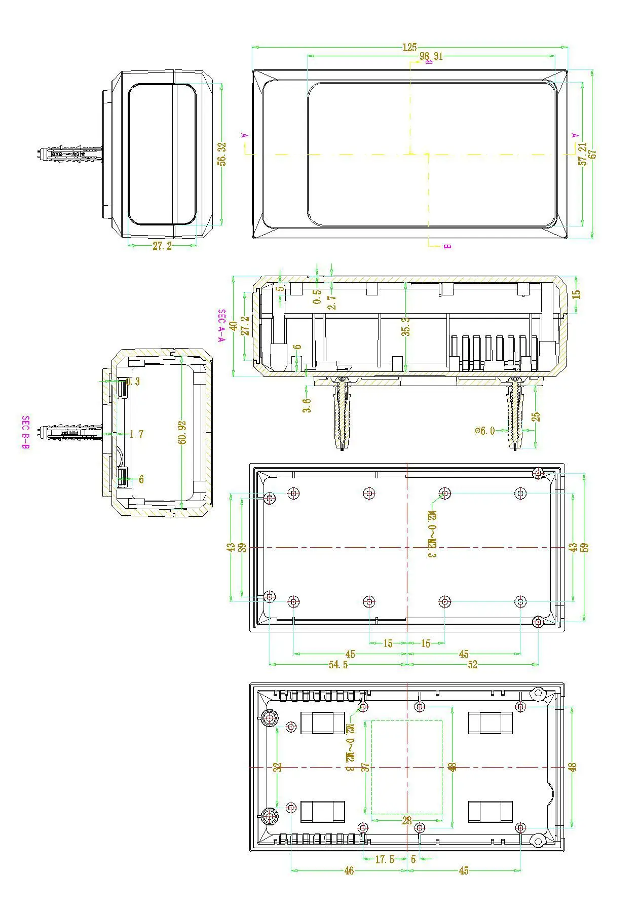 Bahar Behuizing Wandmontage Shell Draad Junction Box Abs Plastic Behuizing Instrument Case Size 125X67X40MM Model BMW50020