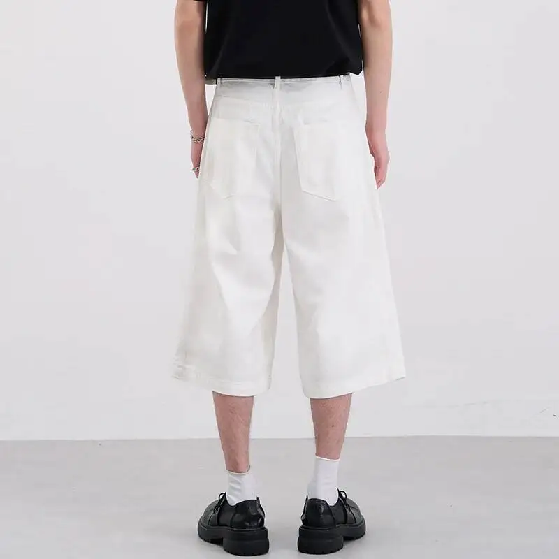Straight Summer Simple Cut Wearresistant Washed Men's Shorts American Casual Deconstructed Wide Leg Cropped Pants C1L5