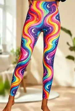 Women Mid‑Rise Fleece Lined Leggings, Pastel Rainbow Swirl Star Print Slim Stretch Daily Pants