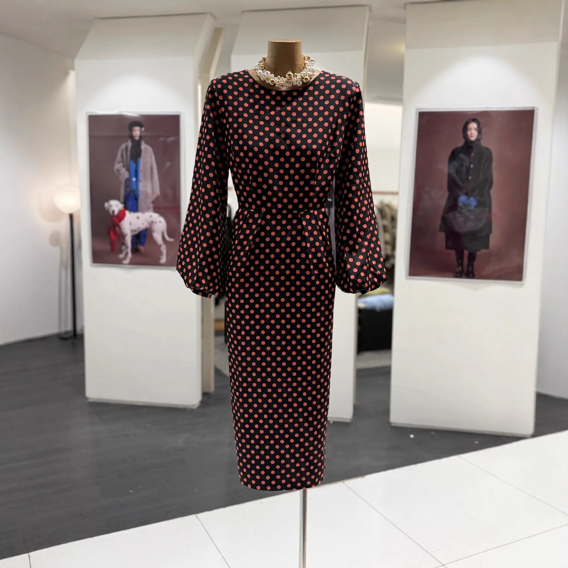 

Платье миди с принтом в горошек, длинным рукавом и круглым вырезом, весенне-осеннее, модный дизайн, с завышенной талией, из полиэфирного волокна, для повседневной носки