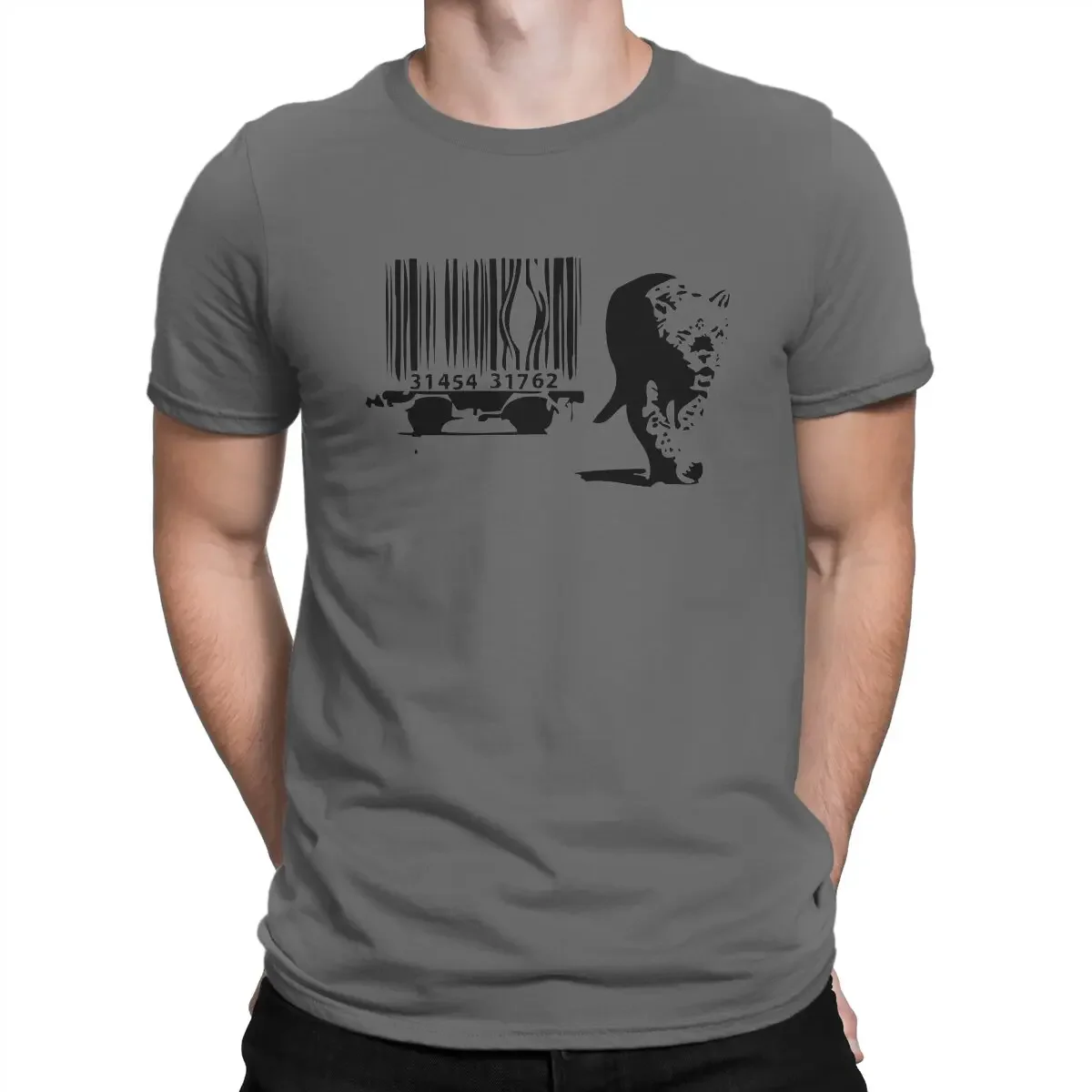 Print Tiger Barcode T-Shirts for Men Banksy Street Graffiti Artist Creative Pure Cotton Tee Shirt Round Collar Short Sleeve