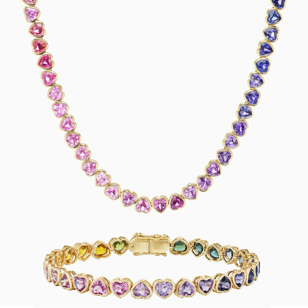 Bezel Heart Shaped CZ Tennis Chain Bracelet Gold Color Red Pink Purple Cubic Zirconia Fashoin Rainbow Gradual Colorful Jewelry