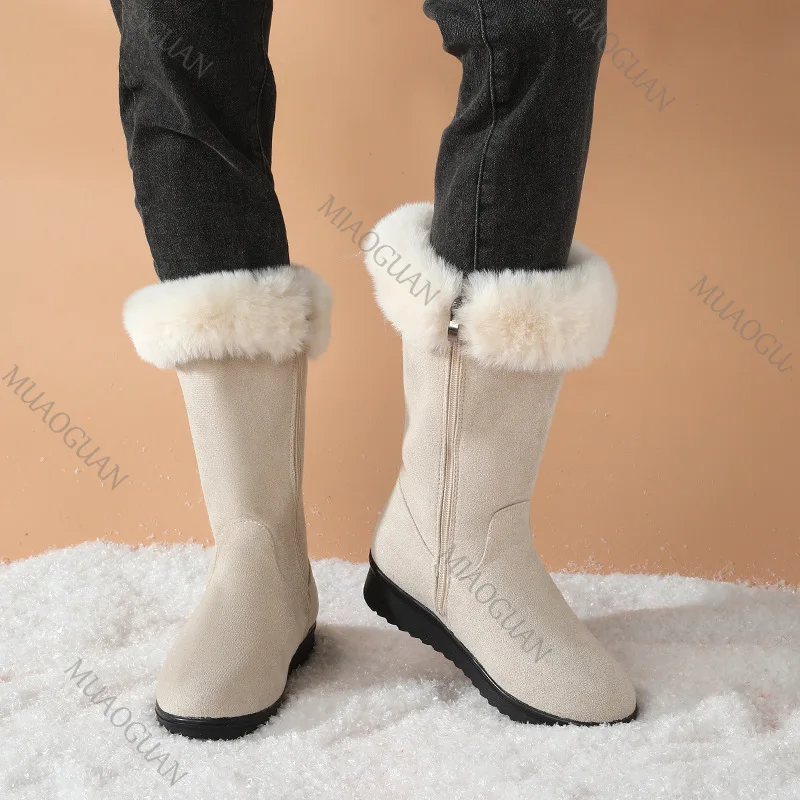 Botas De Nieve De Invierno Para Mujer, Media Pantorrilla, Peludas Y Cálidas, Con Cremallera Lateral, Gamuza Informal_voghion.com