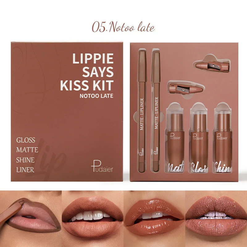 2 lip liner 3 lip glaze lip set matte water pearl long-lasting waterproof non-stick cup lipstick five-piece gift box