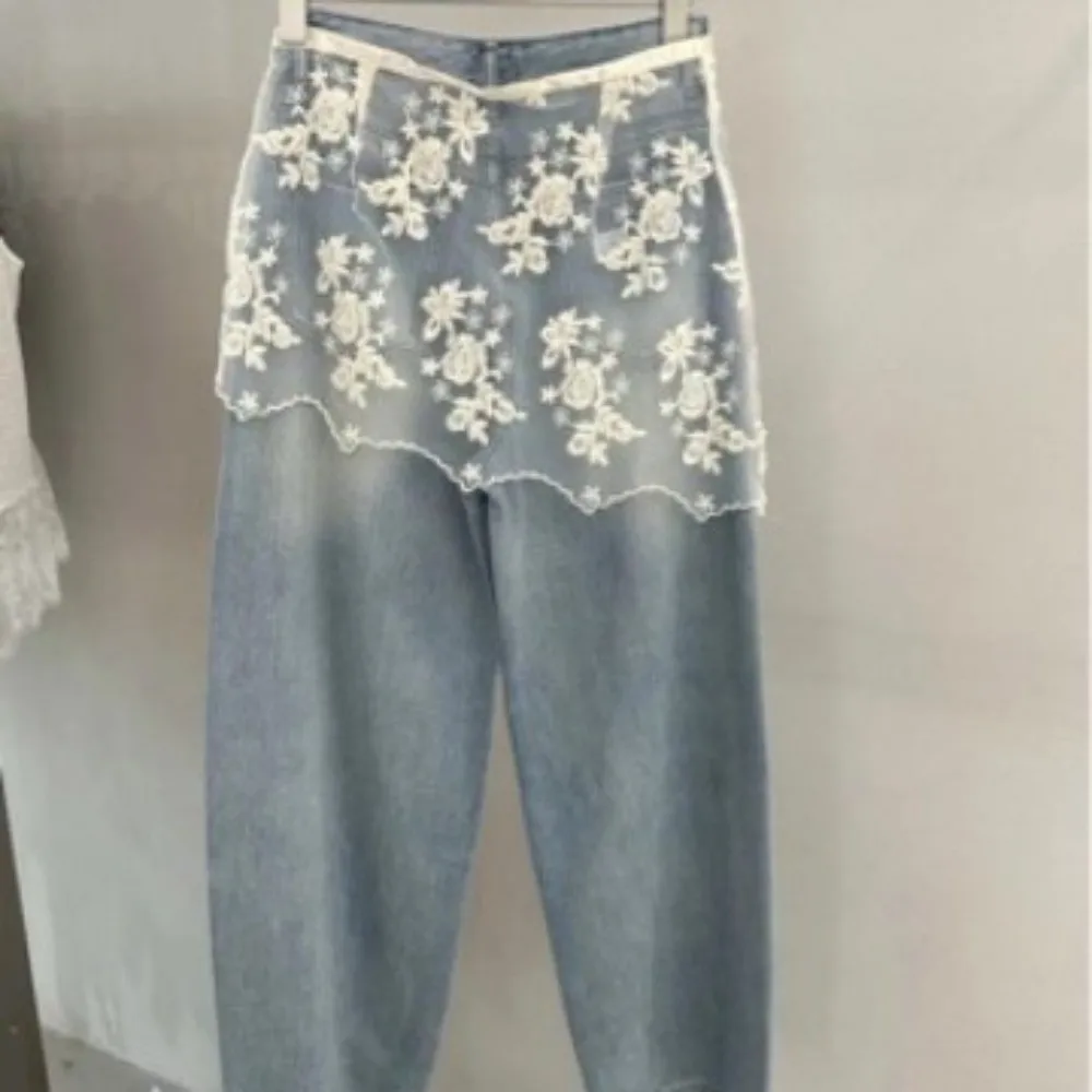 

Джинсовая декоративная кружевная прозрачная юбка-фартук с боковыми пуговицами, облегающая, в стиле Y2K