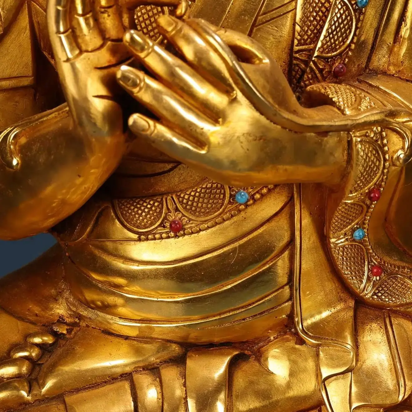 Old Bronze Gilded Painted Face Mosaic Gem Tsongkhapa  Lotus Buddha Terrace  Sitting Buddha Amitabha Buddha Worship Hall