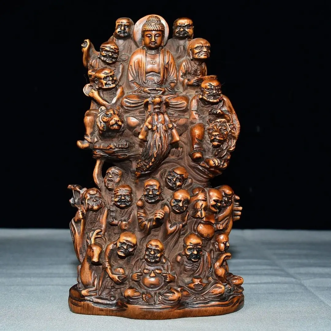 Hand Carved Wood Eighteen Arhats Statue Figurine Home Desktop Ornament Craft Gift