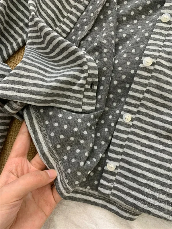 

Plus Size American Retro Chic Polka Dot Stripe Double Layer Special Design round Ne Open Cardigan Thin Outerwear Top Trendy