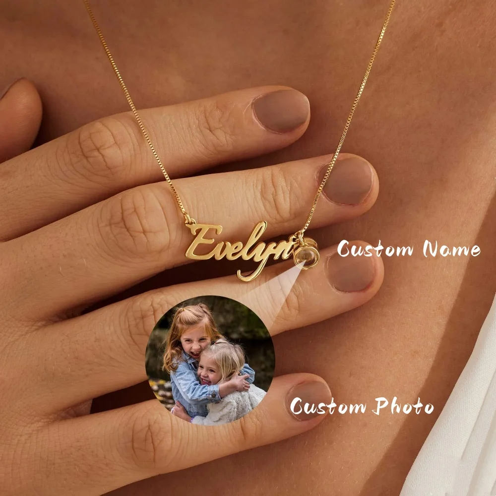 

Custom Name Necklace with Photo Projection Stainless Steel Box Chain Personalized Gift for Mom Daughter Her Valentine Day