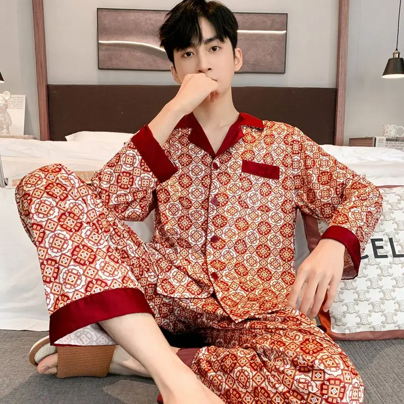 2024 New Korean Version Pajamas Men Spring Autumn Sleepwear Thin Ice Silk Long Sleeved Loungewear High-end Homewear Summer Set