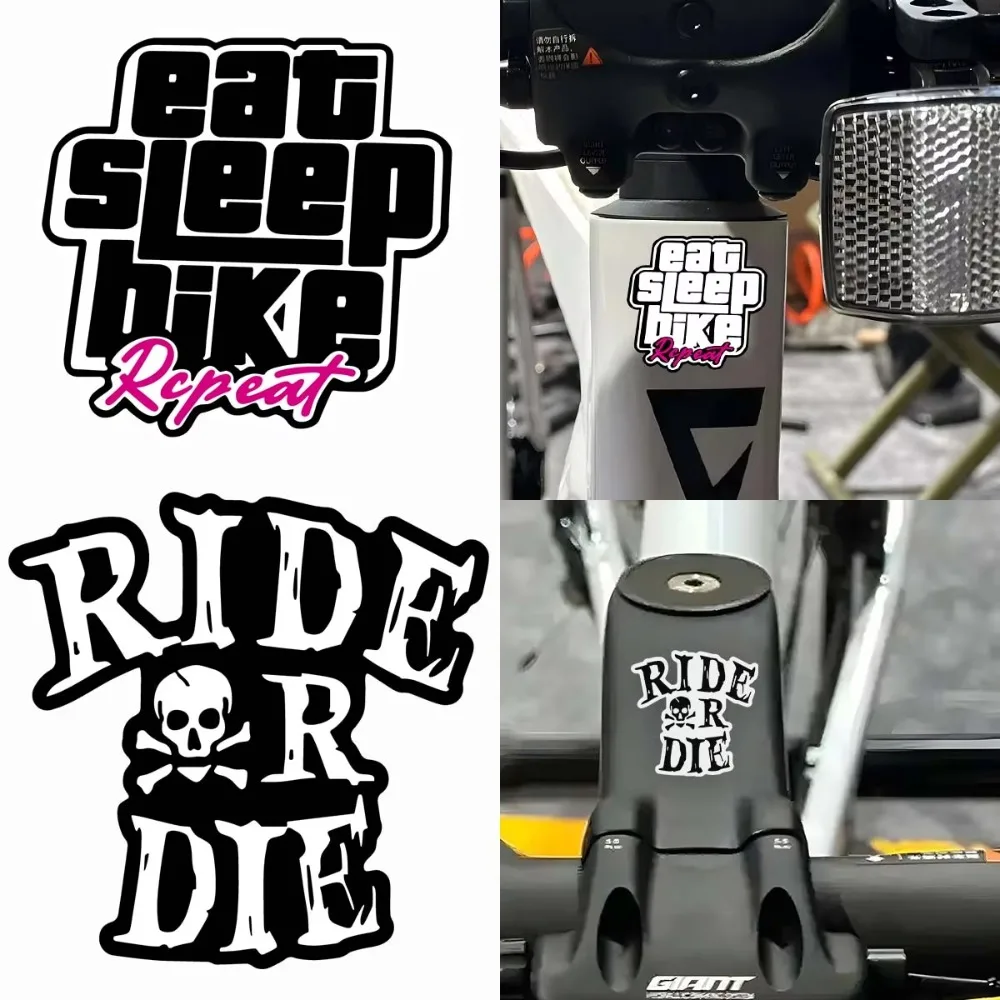 Cycling Skull Sticker 2PCS Eat Sleep Ride Repeat Vinyl Decal Retro Quote Bicycle Handlebar Frame Waterproof Bike Decor