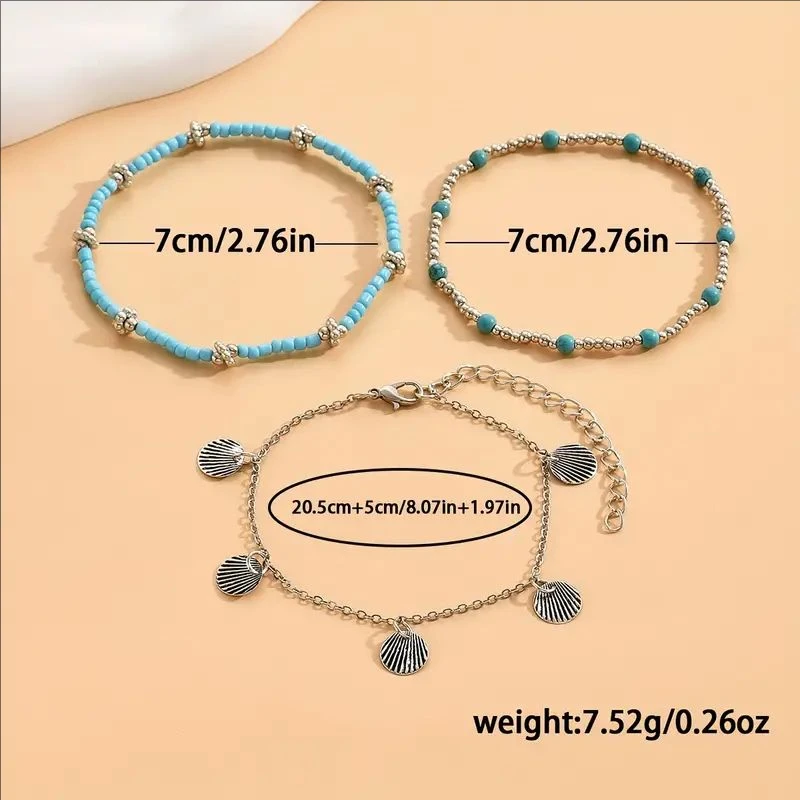 Miss JQ 3 Pcs/ Set Of Delicate Shell Pendant Anklet Vintage Bohemian Style For Women Summer Beach Foot Chain