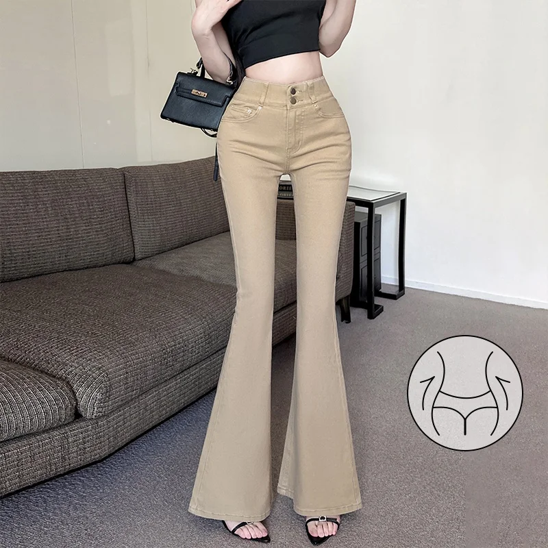 Jean évasé taille haute pour femmes, pantalon Long élastique Double bleu, hanche large, nouvelle collection printemps 2025