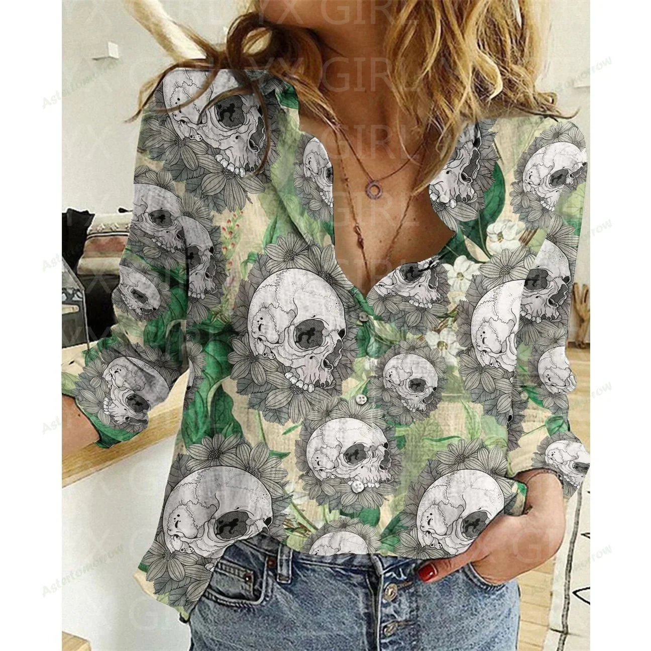 Women\'s Skull Flower Printed Casual Shirt 3D Printed Button-down Shirt Casual Unique Streewear Halloween Gift