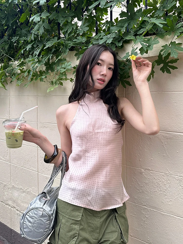 

Женская одежда из 100% шелка, розовый атласный топ без рукавов с открытыми спиной и в горошек, новинка лета 2026 года