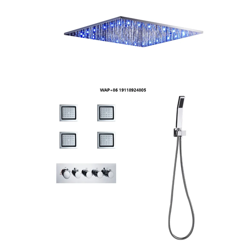 

20inch Shower Heads System Chrome Thermostatic Rain Led Shower Faucet Complete Set with 4 Body Sprays Jet