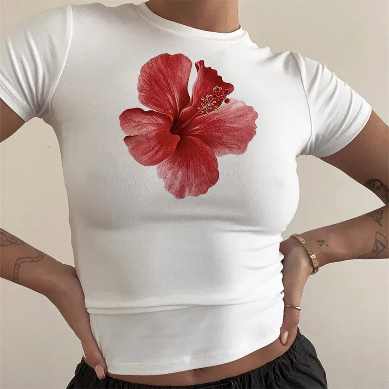 Hibiscus Flower Print Harajuku Vintage 2000s Y2K Clothing Short Sleeve Crop Top Summer Women Sexy Slim Baby Tees