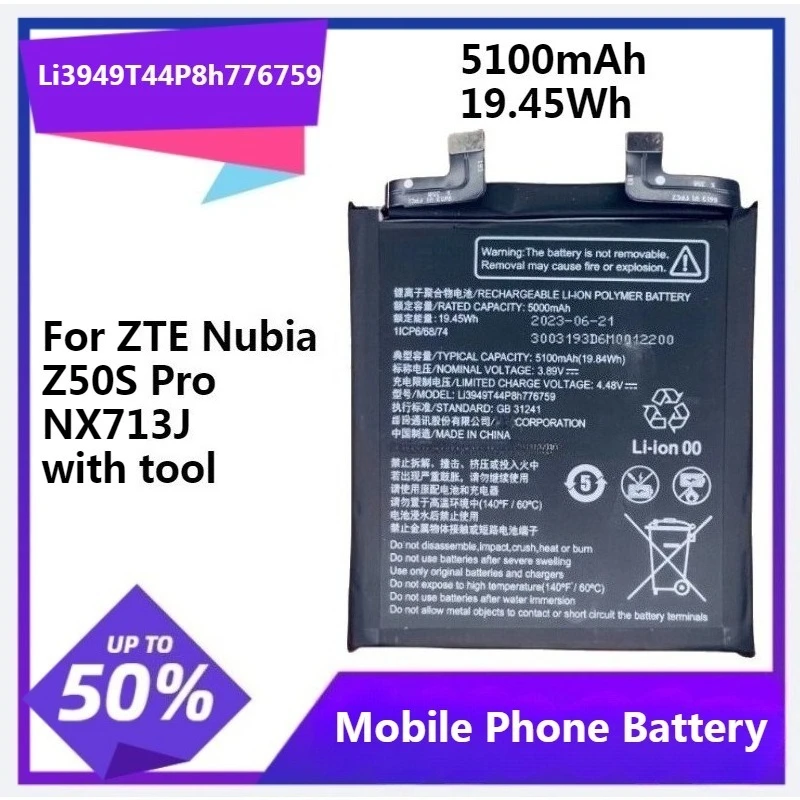 

Li3949T44P8h776759 Battery for ZTE Nubia Z50S Pro NX713J Mobile Phone 1ICP6/68/74 Battery with Tool 5100mAh 19.45Wh