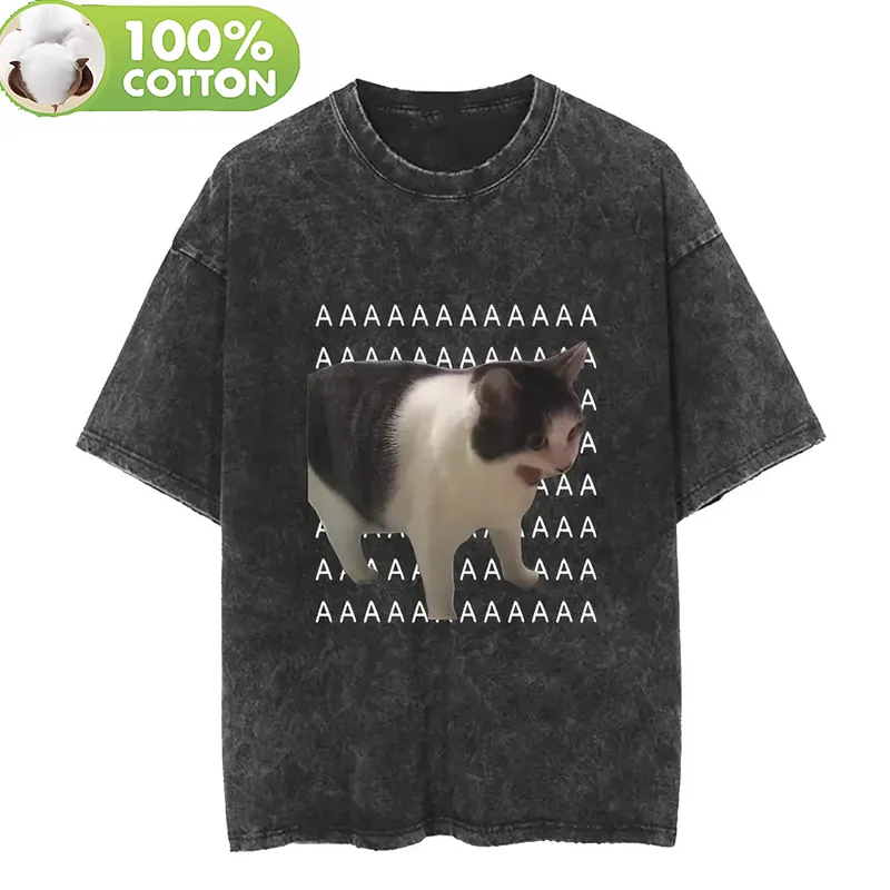 Meme Sad Crying  Cat T Shirt Vintage Washed 100% Cotton T-Shirt Graphic Tee Casual Streetwear for Spring Summer Fall