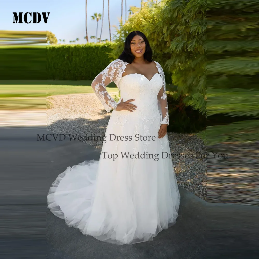 

MCDV Plus Size Lace Wedding Dresses Full Sleeve Applique Sweetheart A-Line Button Back Bride Gown 2026 Customized robe de mariée