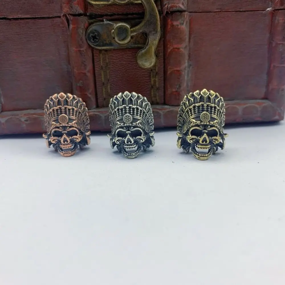 African Tribal Chieftain Brass EDC Skeleton Pendant Crown Manual Brass Crown Skull Beads Creative Copper Hand String