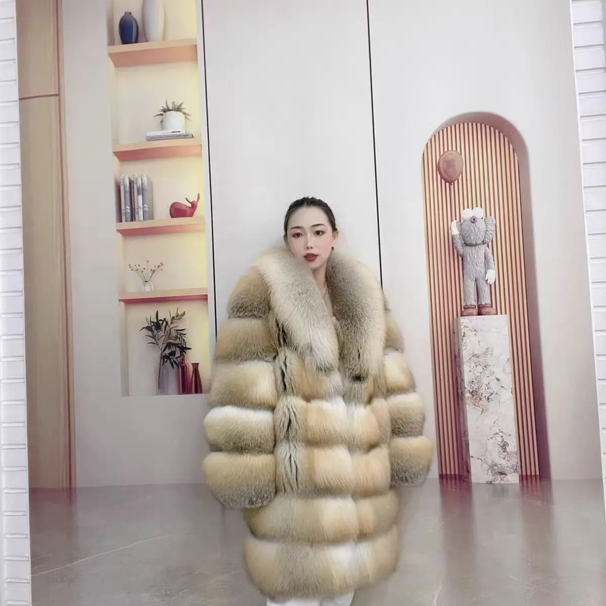 Real Golden Island Fox Fur Coat Women's Fur Clothing Fur Top Women's Mid length Fur Coat