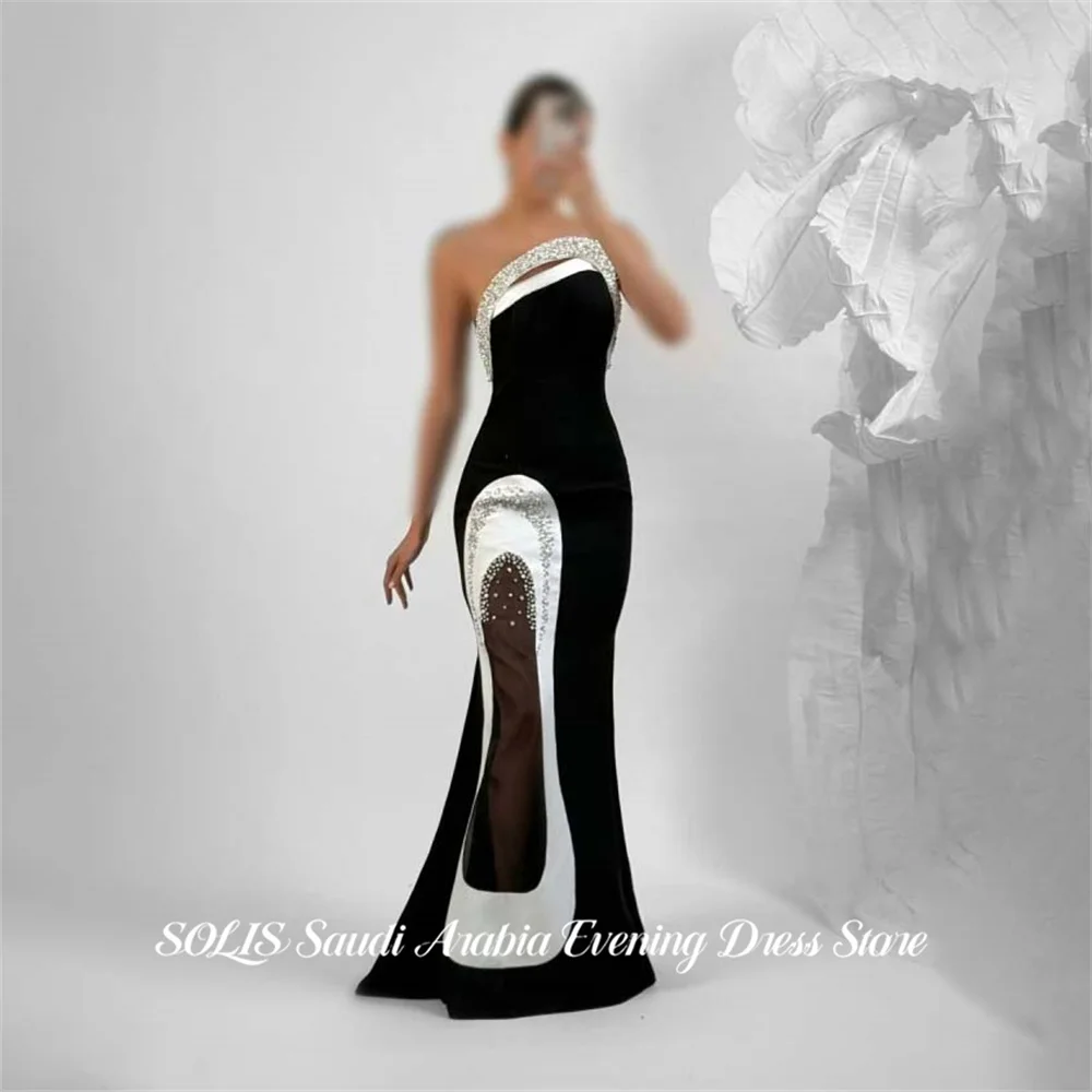 

SOLIS Black and White Evening Gown Strapless Satin Prom Dress with Side Split Wedding Evening Dress robes de soirée Customized