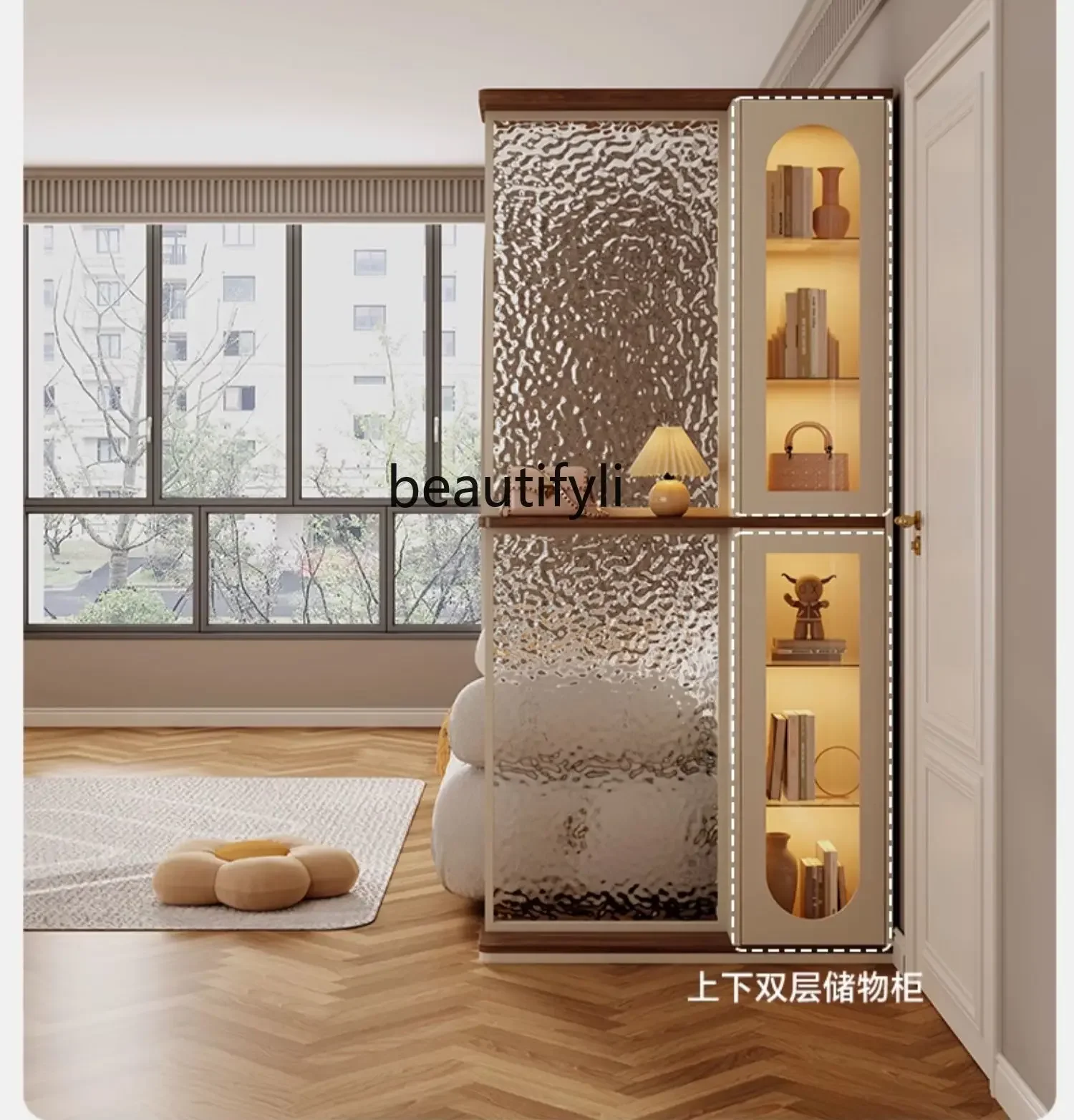 

A55 Entrance cabinet across the door, living room across the hall, baffle cabinet, shelves, screen cabinet