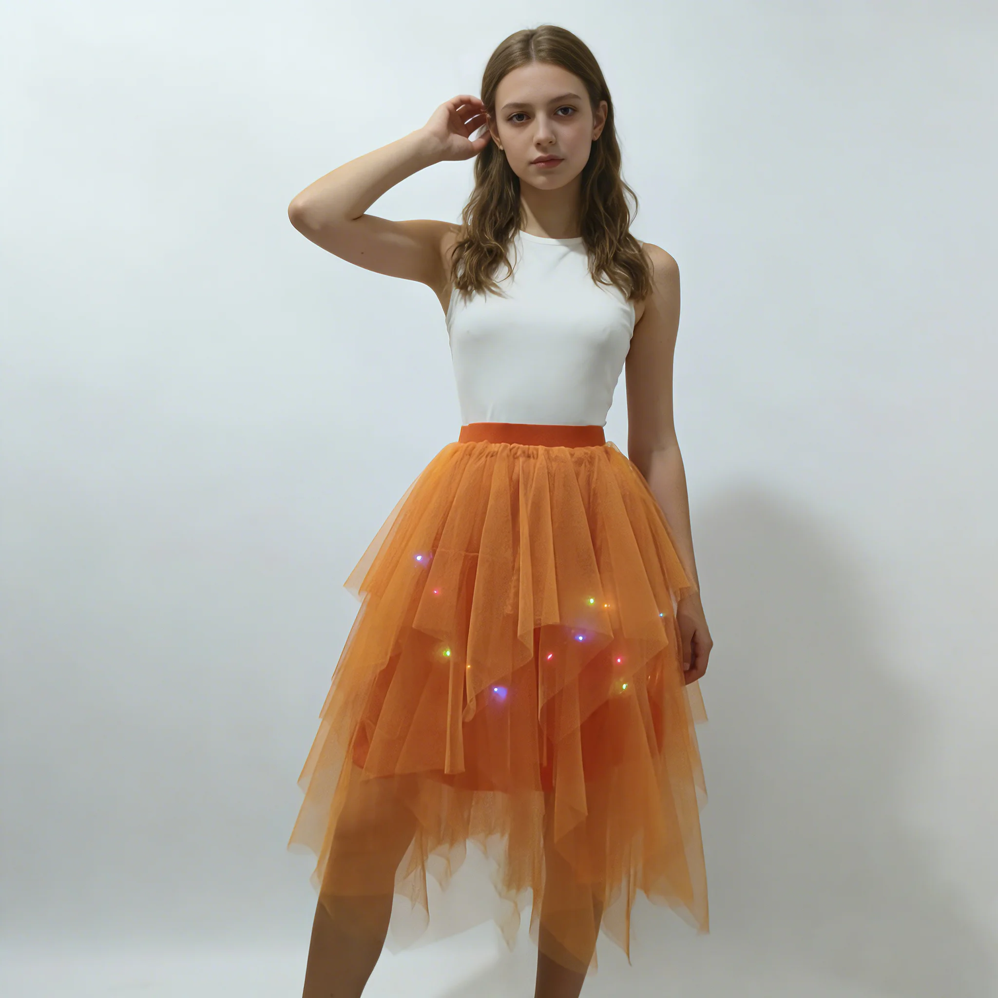 Adult Fluffy Tulle Tutu Skirt with Colorful LED Lights, Layered Ruffled High Low Skirt for Prom Halloween Costume