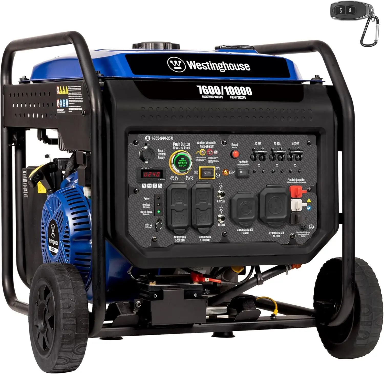 

10000 Peak Watt Portable Open Frame Inverter Generator, Remote Electric Start with Auto Choke, Transfer Switch Ready, CO Sensor