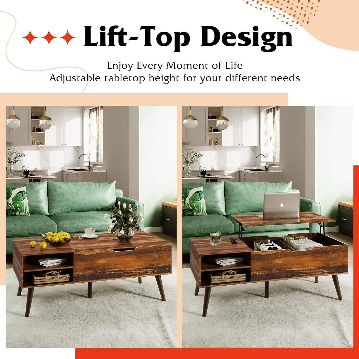 Wood Lift Top Coffee Table with Adjustable Storage Shelf and Hidden Compartment, Lift Tabletop Dining Table for Living Room