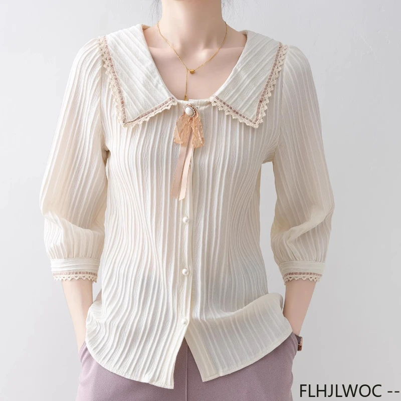 Dentelle col claudine hauts chemisiers nouveau Design 2025 été femmes mignon doux filles solide nœud papillon haut rétro Vintage bouton chemises