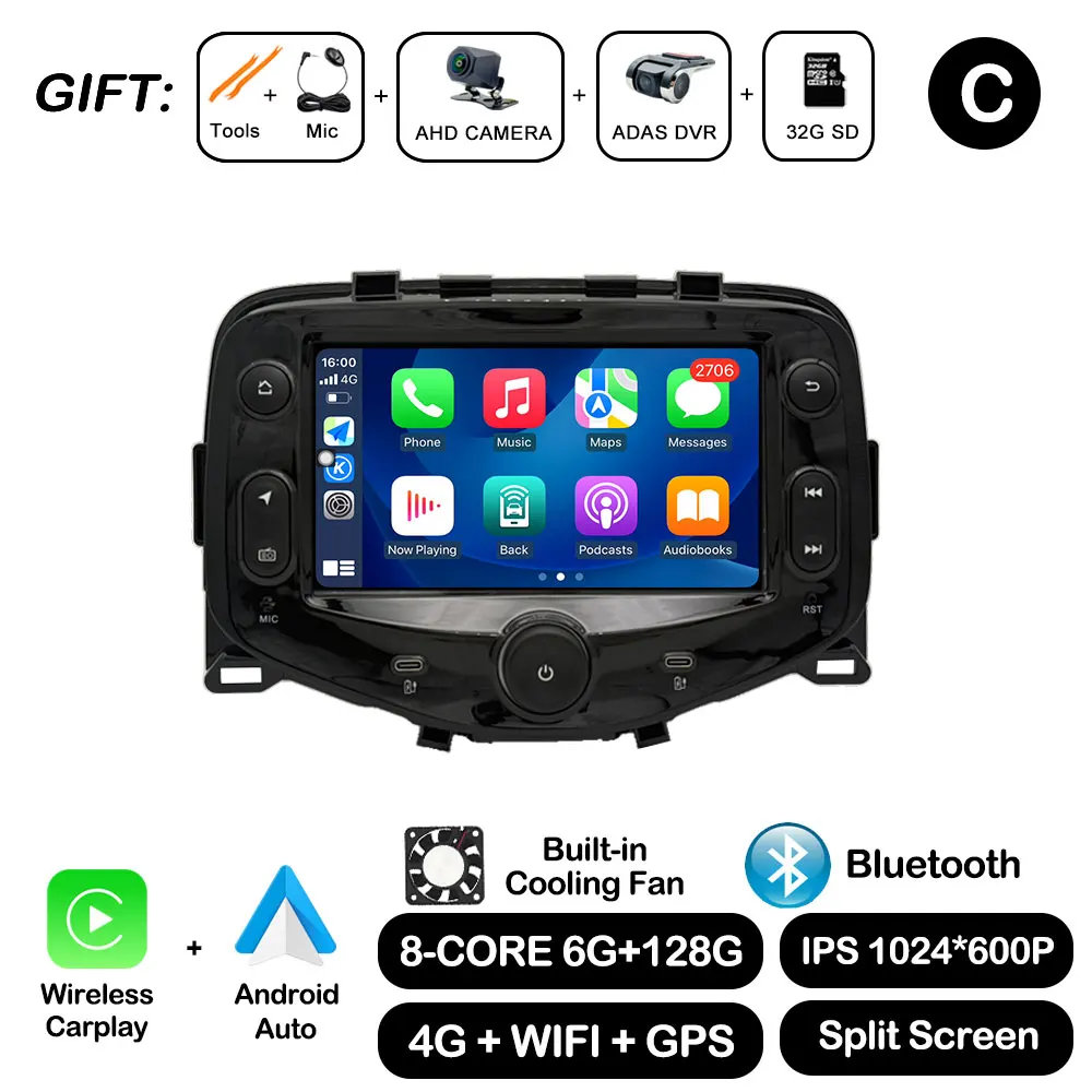 Android Auto for Toyota Aygo Peugeot 108 Citroen C1 2014 - 2021 Autoradio Car Radio Multimedia Player Carplay GPS Navi DSP
