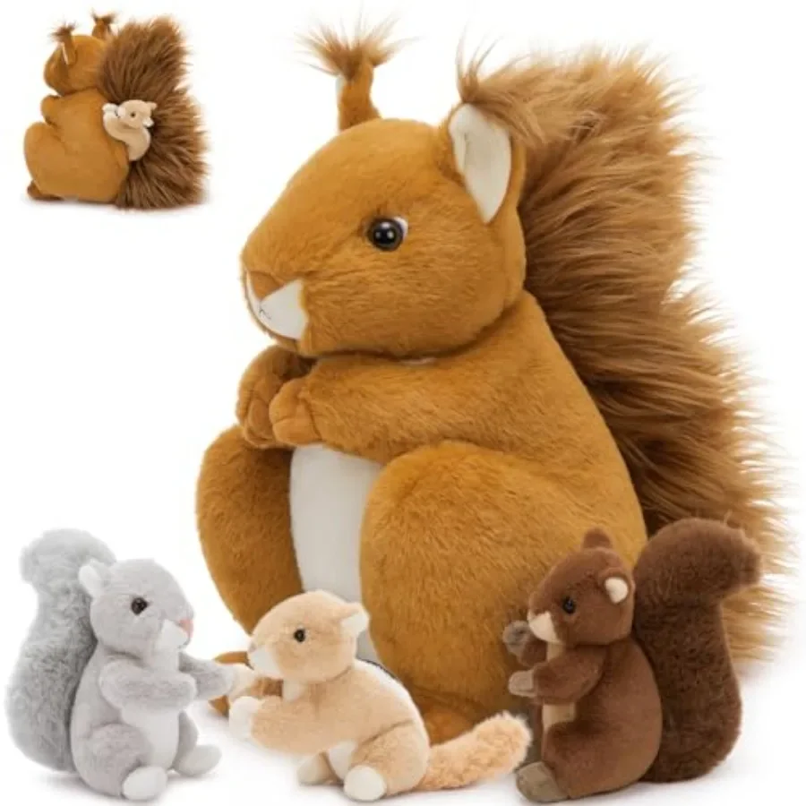 

4Pcs Squirrels Plush Toys with 3 Baby Squirrels Realistic Stuffed Animals for Small Hand Adorable Brown Squirrel Plushie Gift f