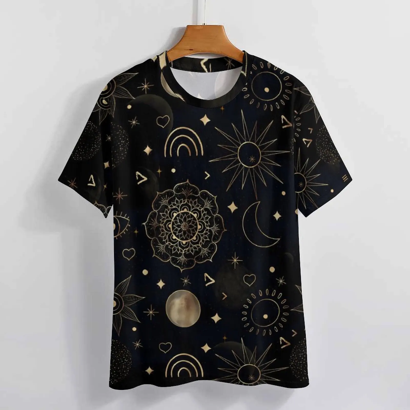 السيدات تي شيرت الشمس القمر س الرقبة تي شيرت قصيرة الأكمام بوهو الذهب الفضاء الحديثة مخصص التي شيرت الشارع قمة الموضة تيز حجم كبير 5XL