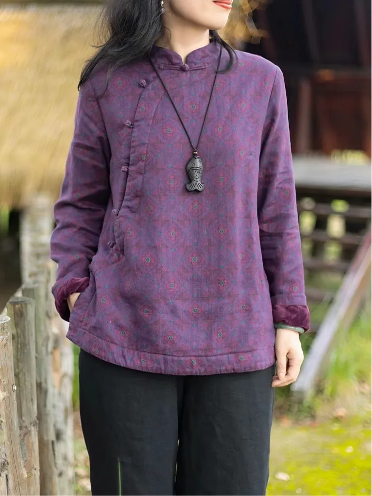 Elegant Eastern Retro Artistic Fleece Lined Stand Collar Women's Winter Cotton Linen Print Open Cardigan Warm Comfortable Lon...
