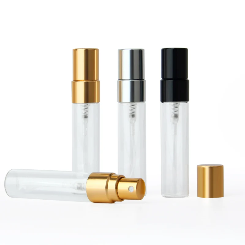 2ml 3ml 5ml 10ml Mini tube glass empty perfume bottles fine mist spray bottle with black gold silver lids