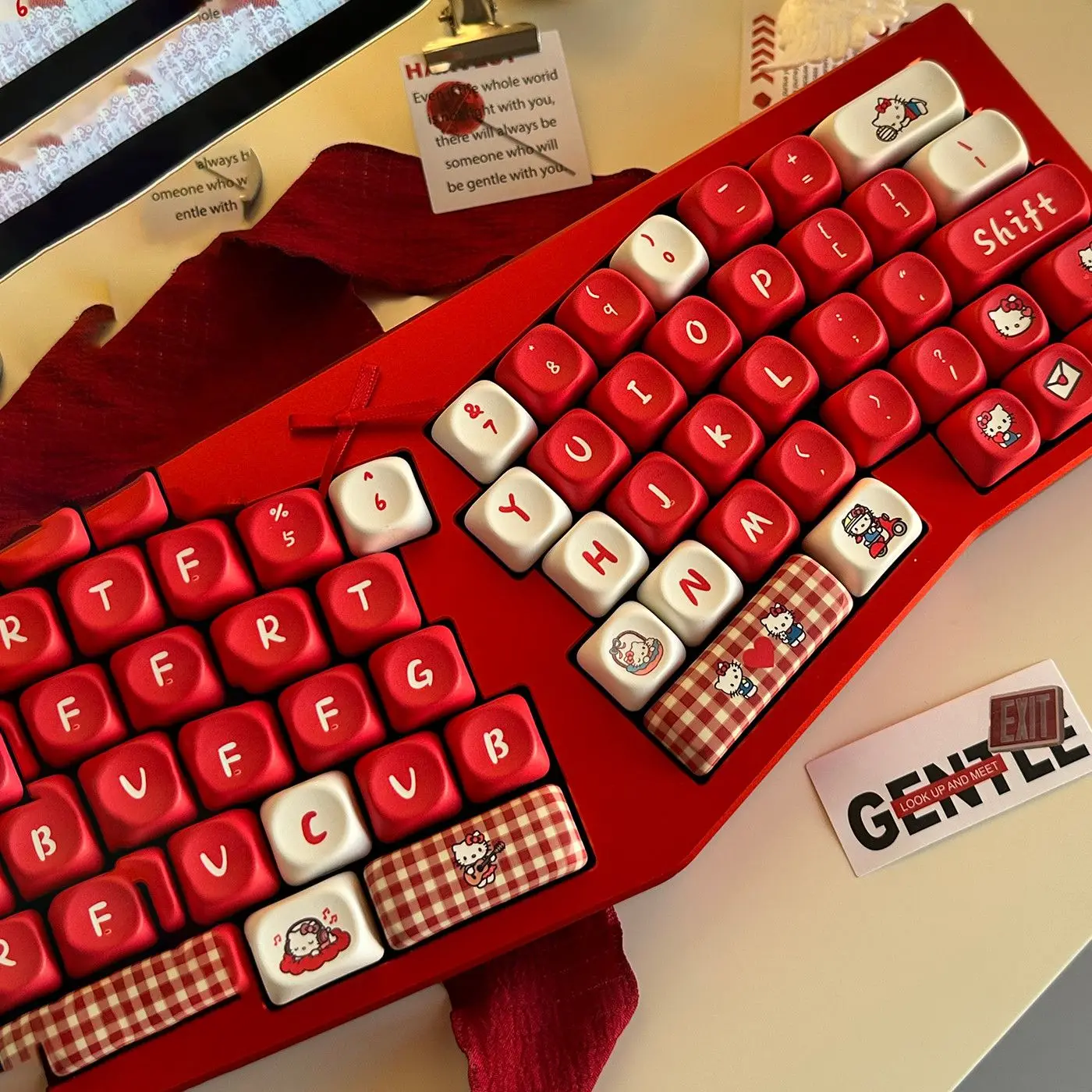 Fashion Kawaii Sanrio Hello Kitty Red Gingham Pbt Keycaps, Moa Height Cute Anime Custom Keycaps for Mechanical Gaming Keyboard view 5