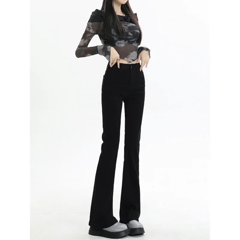 Women's 2025 Black Micro Flared Jeans High Waist Short Stature Slimming Horseshoe Long Pants