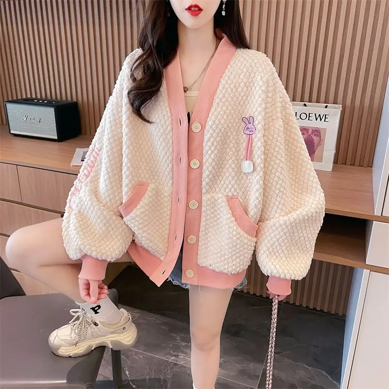 

Осень и зима в корейском стиле, свободный и стильный плюс бархатный и утолщенный бархатный свитшот из ягненка, универсальный кардиган, верхняя куртка