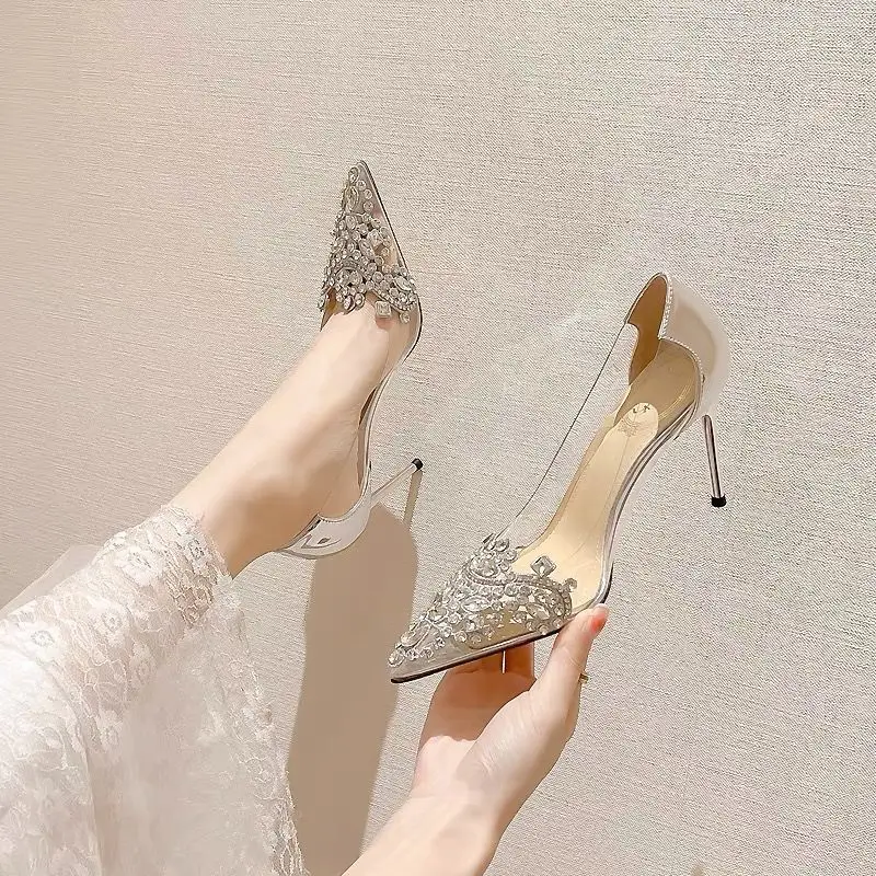 Women Single Shoes New Korean Transparent High Heel Pointed Toe Shoe Rhinestone Champagne Bridesmaid Dress Wedding Shoes туфли