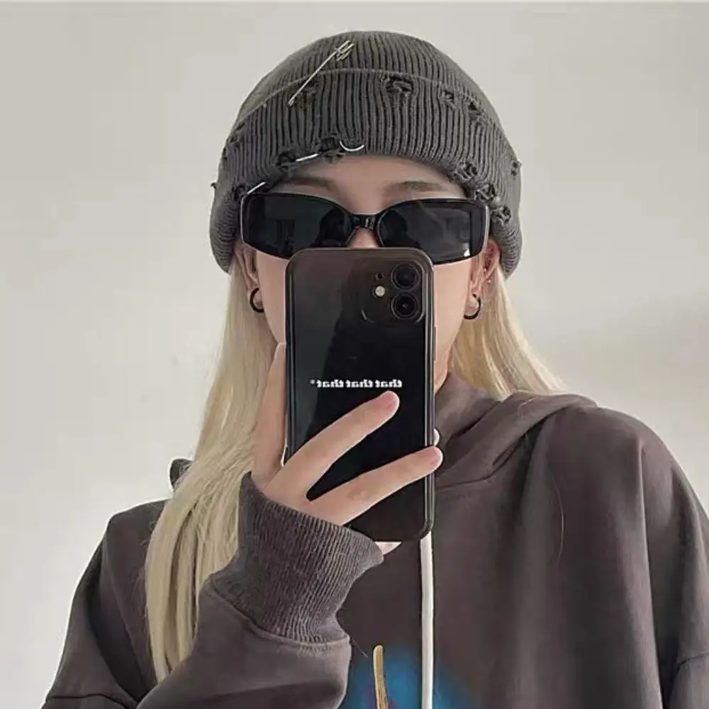 

Hat For Women Autumn Winter Ring Pin Street Hip-Hop Woolen Hats With Holes Edging Knit Cap Men's Streetwear Harajuku Skull Cap