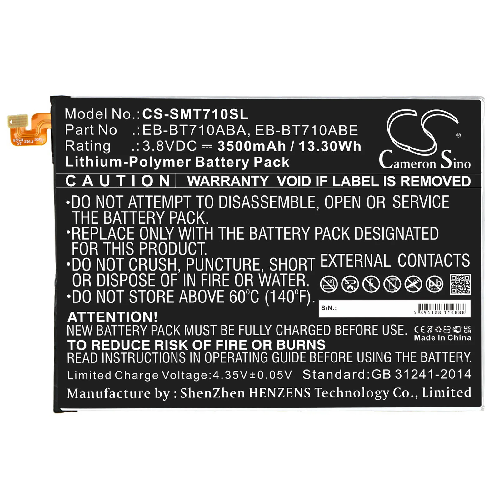 CS Replacement Battery for Samsung SM-T710,Galaxy Tab S2 8.0 WiFi,SM-T715,SM-T715N0,SM-T715C, PN:EB-BT710ABA 3500mAh / 13.3Wh