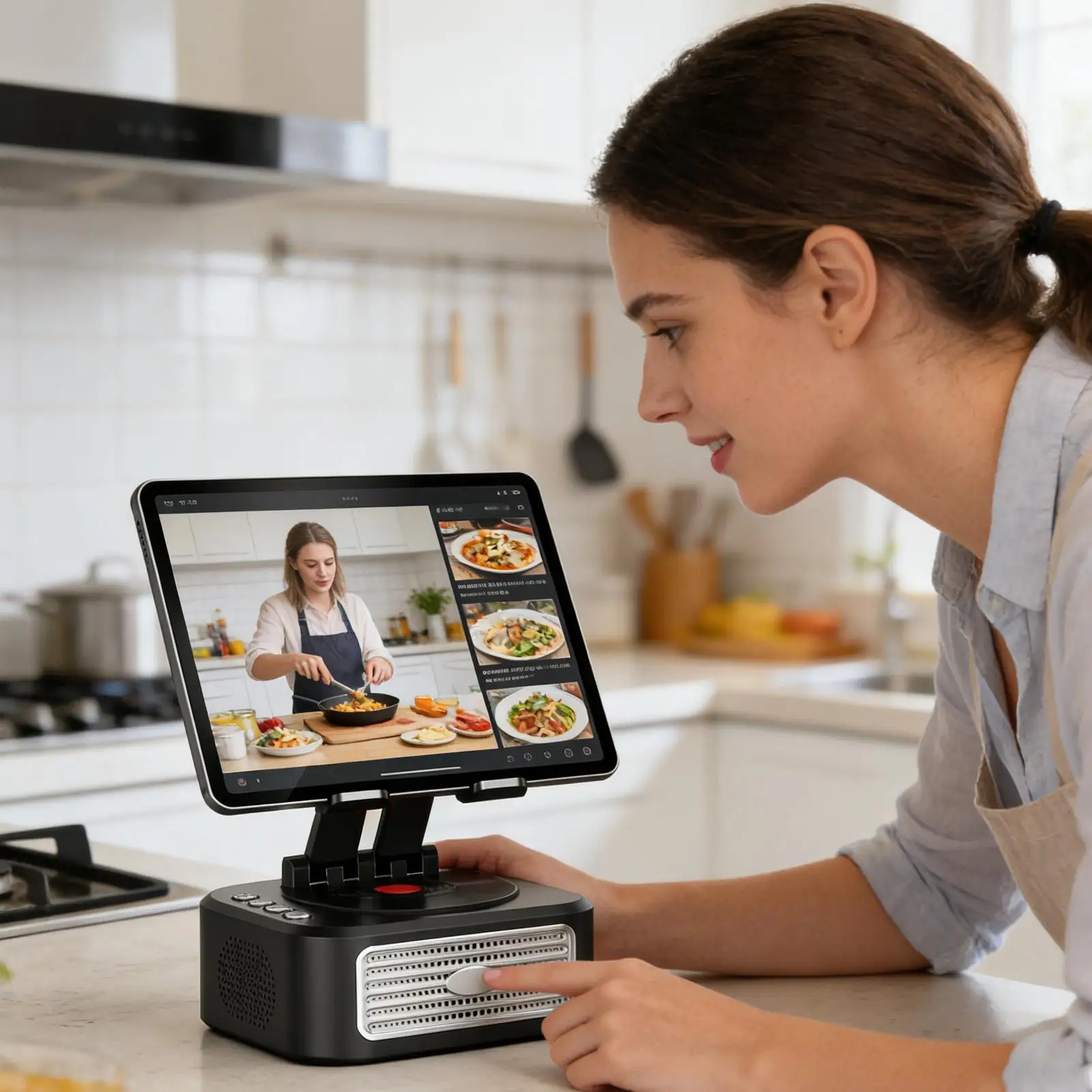 Tablet Holder for Desk 360 Degree Rotating Stereo Adjustable Stand Creative Desk Speaker for Kids Bed Bedside Floor Kitchen