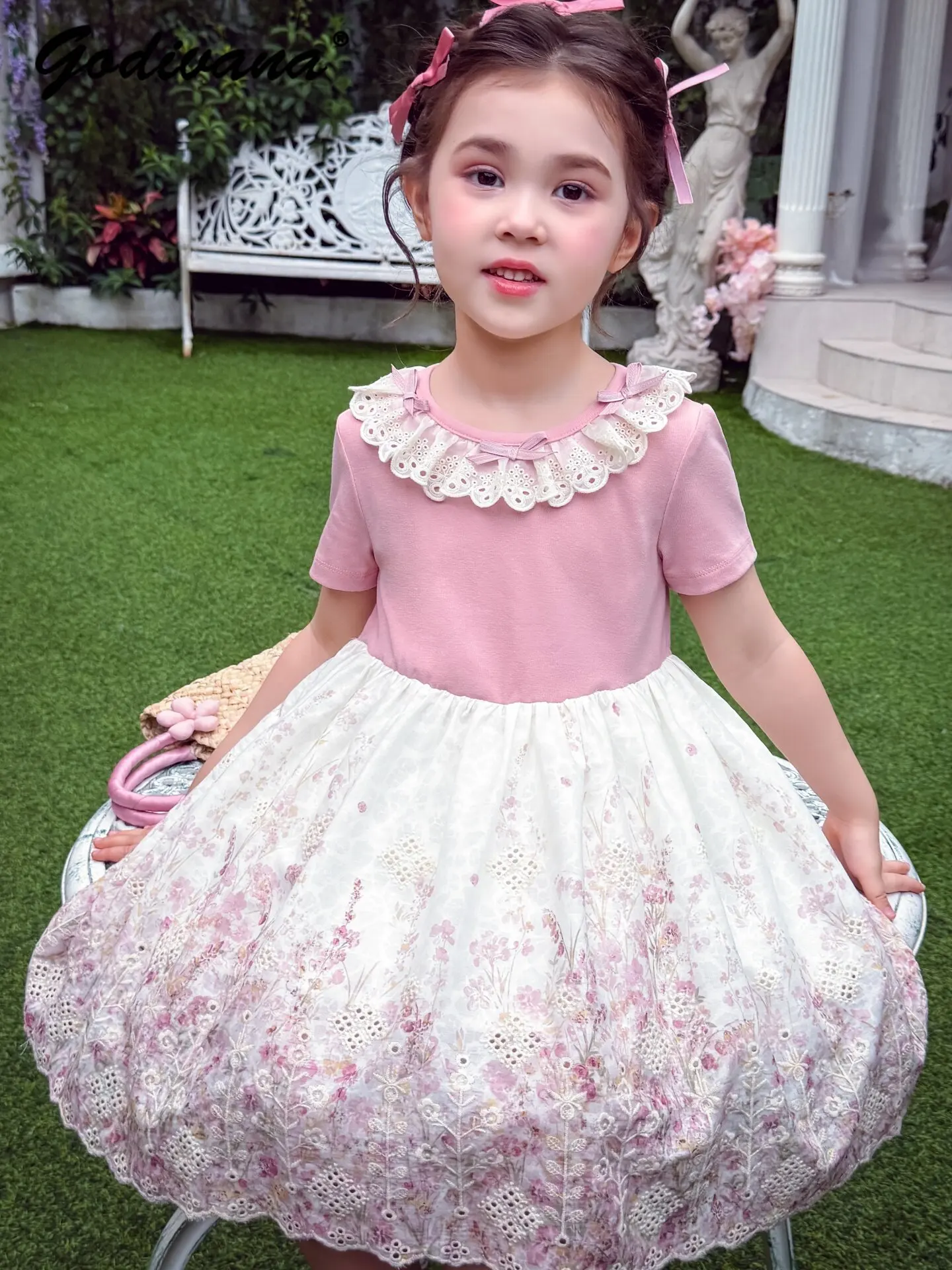 

Sweet Baby Girls Floral Pastorale Princess Dress New Summer 2026 Kids Lace Trim Cotton High Waist Short Sleeve Casual Dresses