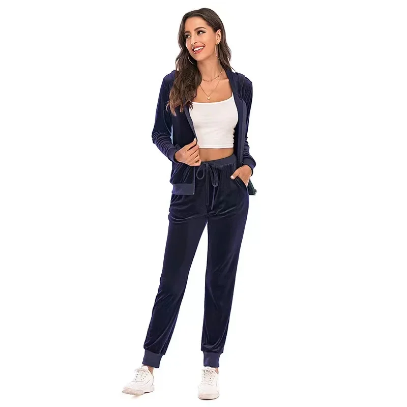 2024 Autumn Velvet Tracksuit Womens 2 Piece Sweatshirt Sweatpants Set Full Zip Hoodie Sweatsuit With Pockets Casual Sportswear