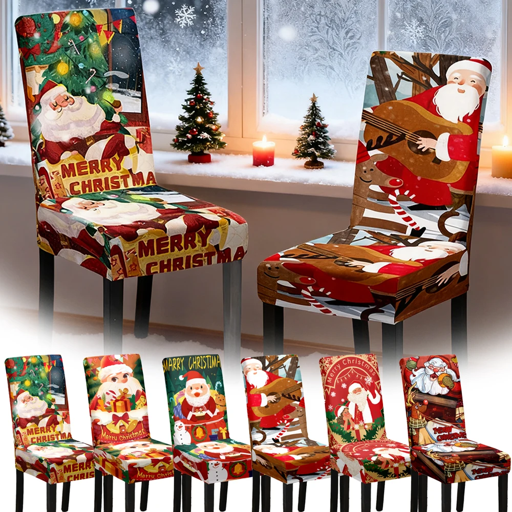 

1PC Christmas Elastic Chair Cover for Dining Room Red Santa Claus Xmas Kitchen Hotel Home Decorative Slipcovers Chair Seat Cover