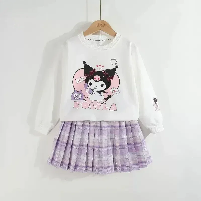 

Anime Sanrio Kuromi Children Clothes Kids Set Long Sleeved Sweater Tops Checkered Pleated Skirt Girls Festival Clothing Gift