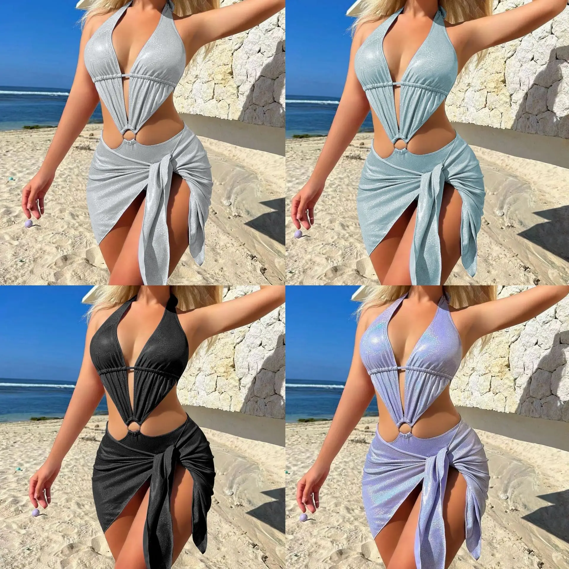 

2025 new European and American bright two-piece set hollow one-piece swimsuit bikini bikini